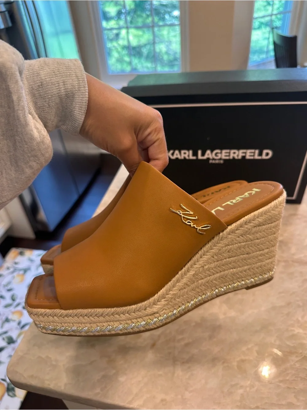 Karl Lagerfeld Cognac Leather Espadrille Wedge Mules